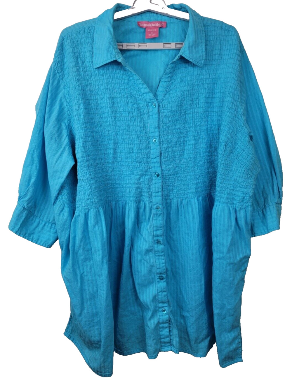 Woman Within 30-0248-2 Turquoise Button Down 3/4 Sleeve Top Tunic 4X
